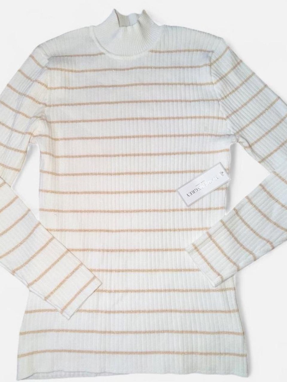 NWT Madison Gray Women’s Cream Ribbed Mock Neck Sweater with Subtle Gold Stripe - Picture 2 of 7